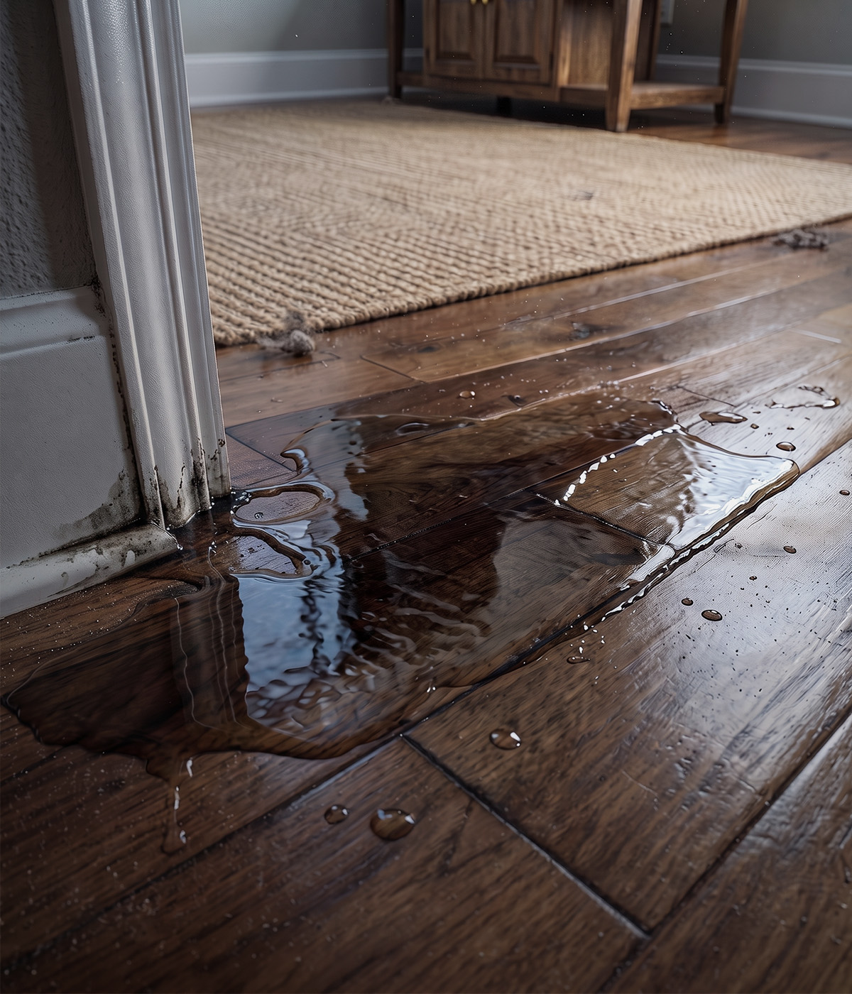 Water leak puddle pooling on hardwood floor near door frame