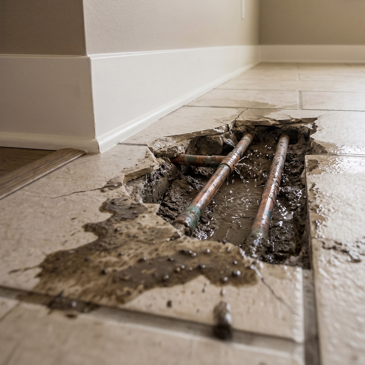 Broken tile floor exposing leaking copper water pipes underneath slab